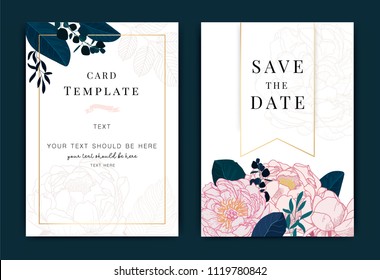 Collection of Peony flower , leaf and frames for packaging and design of luxury wedding card.Made with golden on dark background. vector illustration