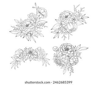Collection of peony flowers bouquets and flower compositions, hand drawn botanical line art drawing, vector floral illustration