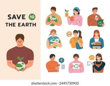 Collection of people activities for environmental protection. Save the world. Earth day. Flat cartoon style vector illustration