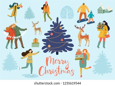 Collection of people, animals and winter decorative elements. Christmas and New Year's poster and card. Vector retro style illustration.