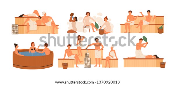 Collection of people bathing in sauna or banya full of steam. Set of happy men and women taking bath, washing their bodies. Activity for wellness and recreation. Flat cartoon vector illustration.