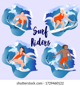 A collection of people in bathing suits surfing the sea or ocean. The direct goal is set. A bundle of happy surfers in beachwear at surfboards. Colorful flat cartoon vector illustration.