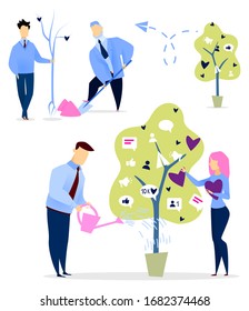 Collection of people caring for tree with likes and followers, profiles and users info. Man and woman with plant in pot, cultivating and growing metaphorical plantation, vector in flat style