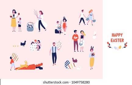 Collection of people carrying large decorated easter eggs, cakes, flowers and pussy willow branches, playing kids dressed in bunny costumes. Bundle of flat cartoon characters. Vector illustration