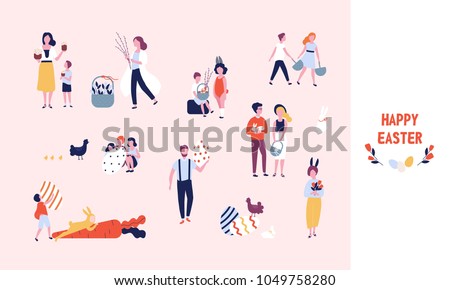 Collection of people carrying large decorated easter eggs, cakes, flowers and pussy willow branches, playing kids dressed in bunny costumes. Bundle of flat cartoon characters. Vector illustration