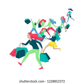 Collection of people carrying shopping bags with purchases. Madness on sale, line of crazy Men and women taking part in seasonal sale at store, shop, mall. Cartoon characters concept for black friday.