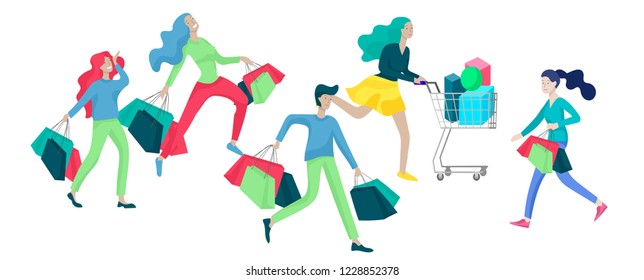 Collection of people carrying shopping bags with purchases. Madness on sale, line of crazy Men and women taking part in seasonal sale at store, shop, mall. Cartoon characters concept for black friday.