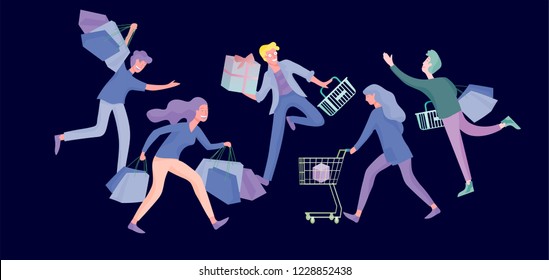 Collection of people carrying shopping bags with purchases. Madness on sale, line of crazy Men and women taking part in seasonal sale at store, shop, mall. Cartoon characters concept for black friday.