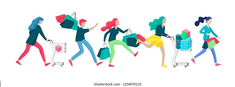 Collection of people carrying shopping bags with purchases. Madness on sale, line of crazy Men and women taking part in seasonal sale at store, shop, mall. Cartoon characters concept for black friday.