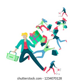Collection of people carrying shopping bags with purchases. Madness on sale, line of crazy Men and women taking part in seasonal sale at store, shop, mall. Cartoon characters concept for black friday.