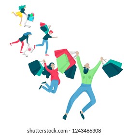 Collection of people carrying shopping bags with purchases. Madness on sale, line of crazy Men and women taking part in seasonal sale at store, shop, mall. Cartoon characters concept for black friday.