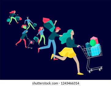 Collection of people carrying shopping bags with purchases. Madness on sale, line of crazy Men and women taking part in seasonal sale at store, shop, mall. Cartoon characters concept for black friday.