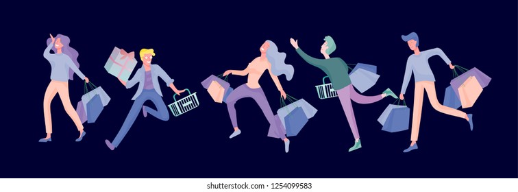 Collection of people carrying shopping bags with purchases. Madness on sale, line of crazy Men and women taking part in seasonal sale at store, shop, mall. Cartoon characters concept for black friday.