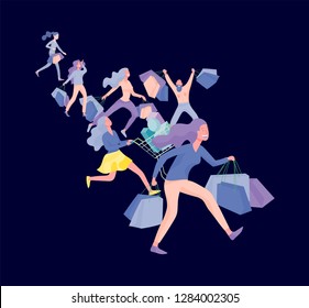 Collection of people carrying shopping bags with purchases. Madness on sale, line of crazy Men and women taking part in seasonal sale at store, shop, mall. Cartoon characters concept for black friday.