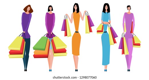 Collection of people carrying shopping bags with purchases. Women and girl taking part in seasonal sale at store, shop, mall. Cartoon characters isolated on white background.