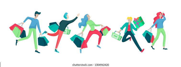 Collection of people carrying shopping bags with purchases. Madness on sale, line of crazy Men and women taking part in seasonal sale at store, shop, mall. Cartoon characters concept for black friday.