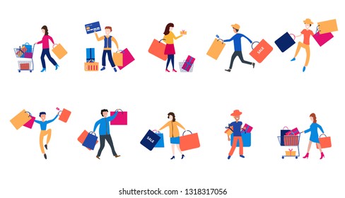 Collection of people carrying shopping bags with purchases. Men and women taking part in seasonal sale at store, mall. Cartoon characters isolated on white background. Vector illustration.