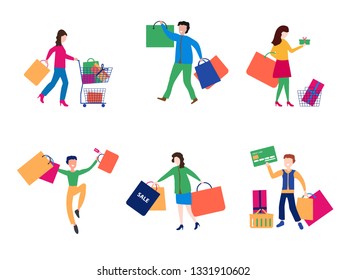 Collection of people carrying shopping bags with purchases. Men and women taking part in seasonal sale at store, shop. Cartoon characters isolated on white background.