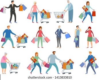 Collection of people carrying shopping bags with purchases. Men and women taking part in seasonal sale at store, shop, mall. Cartoon characters isolated on white background. Flat vector illustration.