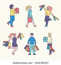 Collection of people carrying shopping bags with purchases. Men and women taking part in seasonal sale at store, shop, mall. Cartoon characters isolated on white background. Flat vector illustration.