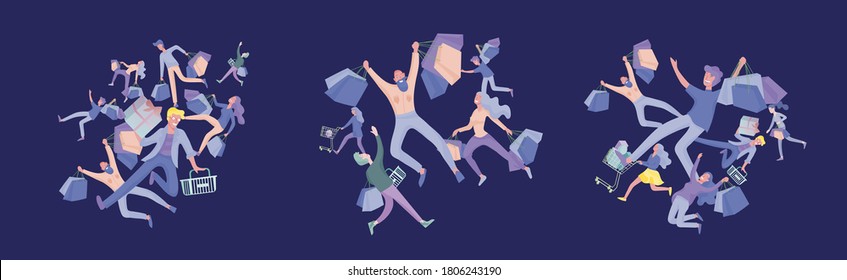 Collection of people carrying shopping bags with purchases. Madness on sale, line of crazy Men and women taking part in seasonal sale at store, shop, mall. Cartoon characters concept for black friday.