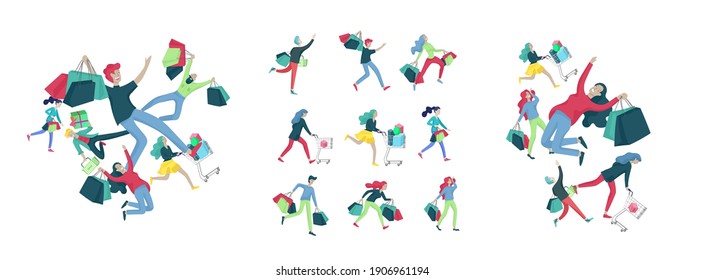 Collection of people carrying shopping bags with purchases. Madness on sale, line of crazy Men and women taking part in seasonal sale at store, shop, mall. Cartoon characters concept for black friday.