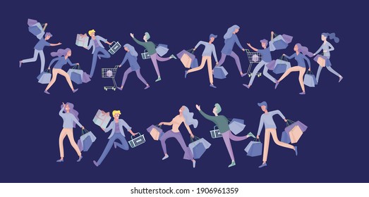 Collection of people carrying shopping bags with purchases. Madness on sale, line of crazy Men and women taking part in seasonal sale at store, shop, mall. Cartoon characters concept for black friday.