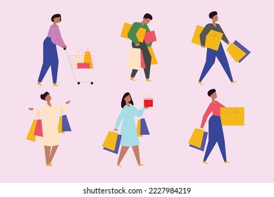 Collection of people carrying shopping bags with purchases. Men and women taking part in seasonal sale at store, shop, mall. Cartoon characters isolated on pink background. Flat illustration