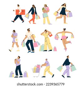Collection of people carrying shopping bags with purchases. Men and women taking part in seasonal sale at store, shop, mall. 