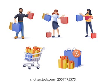 Collection of people carrying shopping bags with purchases. Men and women taking part in seasonal sale at store, shop, mall. Cartoon characters isolated on white background. 3D vector illustration