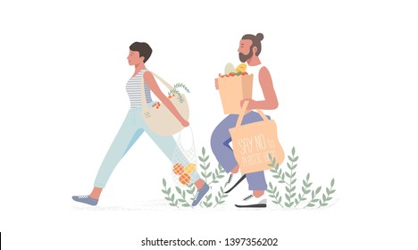 Collection of people carrying shopping eco bags with purchases  in shop. Zero waste. Men and women taking part in seasonal sale at store, shop, mall. Cartoon characters isolated on white background.