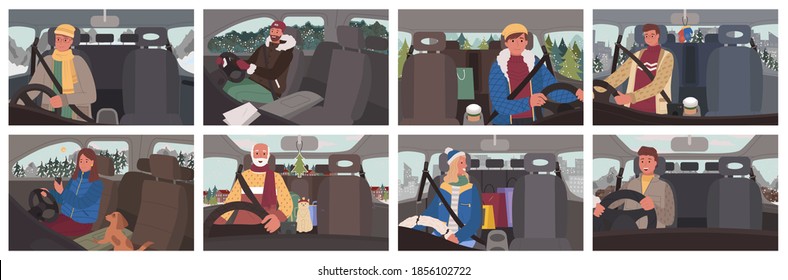 Colección de personas en coches que viajan en invierno. Viaje por carretera de hombres y mujeres usando el navegador para encontrar el camino correcto. Vehículo macho de mayor edad con gato en el asiento trasero. Vector de la temporada de vacaciones