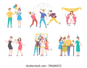 Collection of people celebrating birthday -
 eating cake, making group photo, singing, drinking cocktails. Flat cartoon characters isolated on white background. Colorful vector illustration.
