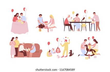 Collection Of People Celebrating First Birthday Of Their Baby. Bundle Of Family Party Scenes With Infant Child Opening Gifts, Eating Cake, Having Fun During Celebration. Cartoon Vector Illustration.