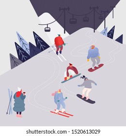 Collection of people characters, Men and Women skiing, snowboarding, cross-country skiers, skijoring, jumping, having party at resort. Winter sport silhouettes in different poses. Vector illustration 