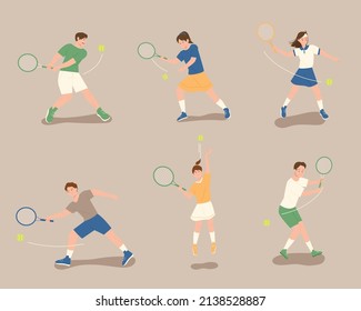 Kollektion von Personen, die Tennis spielen. Flaches design, Vektorgrafik.