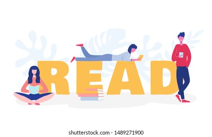 Collection of people characters reading or students studying and preparing for examination. Set of book lovers, readers, modern literature fans concept. Flat cartoon vector illustration