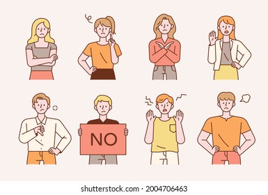 Collection of people characters with rejection gestures and facial expressions. flat design style minimal vector illustration.