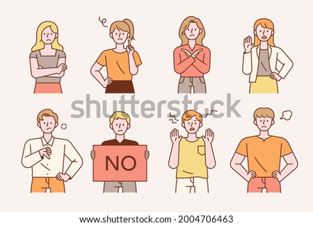 Collection of people characters with rejection gestures and facial expressions. flat design style minimal vector illustration.