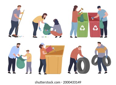 Collection of people clean up and sorting garbage vector flat illustration. Set of man, woman, family and children volunteer, social workers picking up plastic, bottle, paper, rubber wheel isolated