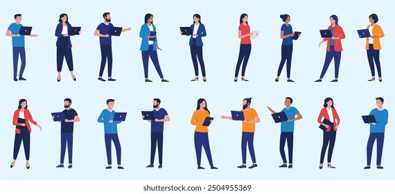 Collection of people with computers - Set of businesspeople office characters with laptops standing, working, smiling and talking. Flat design side view illustrations on light blue background