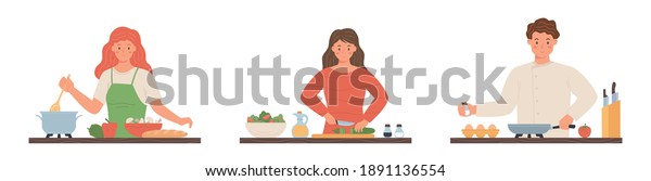 Collection of people cooking at home.\
Collection of cartoon man and woman preparing food. Cartoon\
character flat vector\
illustration.