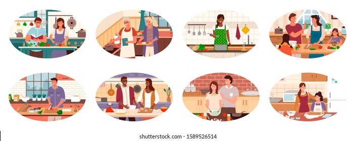 Collection of people cooking in kitchen of homes. Couples and family, granny and granddaughter making soup. Pair preparing dishes, man helping woman cook. Healthy lifestyles and dietary eating vector