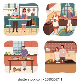 Collection of people cooking in kitchen. Isolated set of characters at home making dishes. Old lady and adult helping to cool soup. Bachelor with dog cutting vegetables. Father and kid, vector