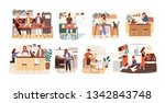 Collection of people cooking in kitchen, serving table, dining together, eating food. Set of smiling men, women and children preparing homemade meals for dinner. Flat cartoon vector illustration.