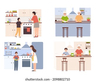 Collection of people cooking in kitchen, serving table, dining together, eating food. Parents, grandparents and kids preparing food for dinner, bake cookies and cake.