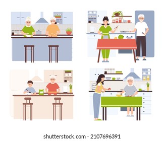 Collection of people cooking in kitchen, serving table, dining together, eating food. Parents, grandparents and kids preparing food for dinner, bake cookies and cake.