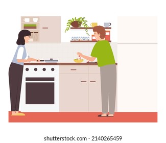Collection of people cooking in kitchen, serving table, dining together, eating food. Parents, grandparents and kids preparing food for dinner, bake cookies and cake.