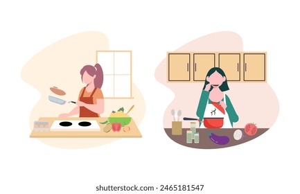 Collection of people cooking in kitchen, serving table, dining together, eating food