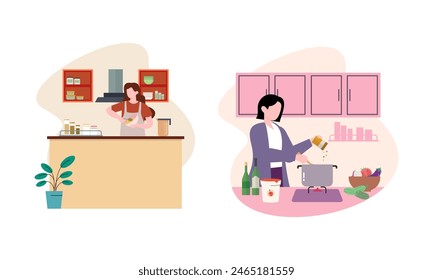 Collection of people cooking in kitchen, serving table, dining together, eating food